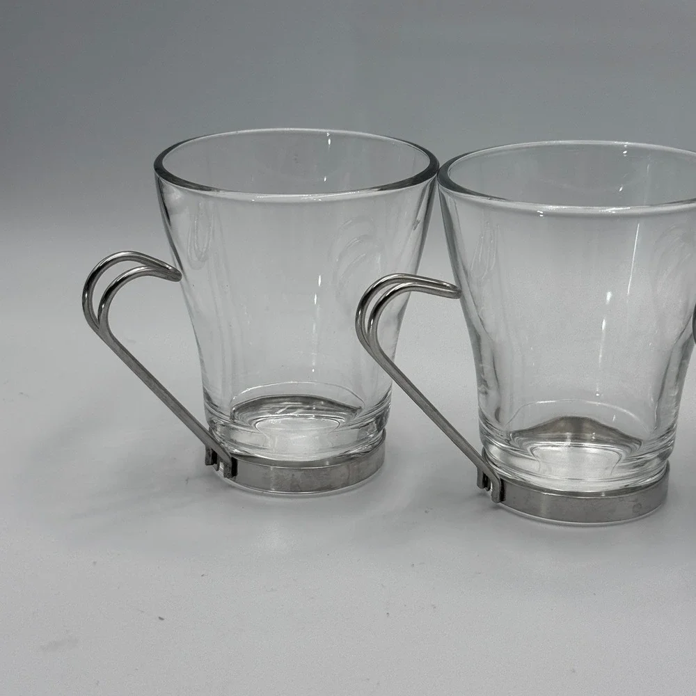 Bormioli Rocco Oslo Tempered Glass Coffee Cups Set of 4 Stainless‎ Steel Handles